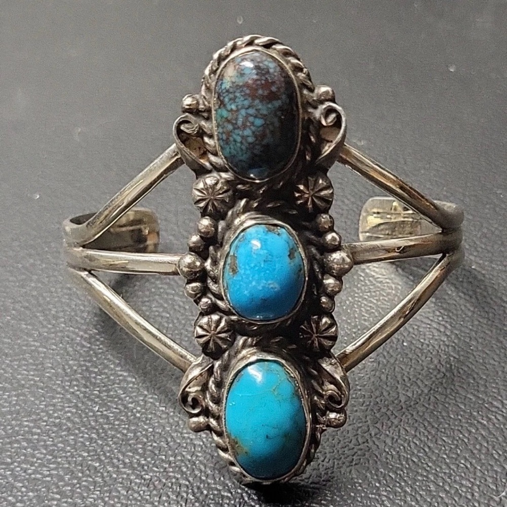 Native American Large Sterling Silver Triple Turquoise Stone Cuff Bracelet ...